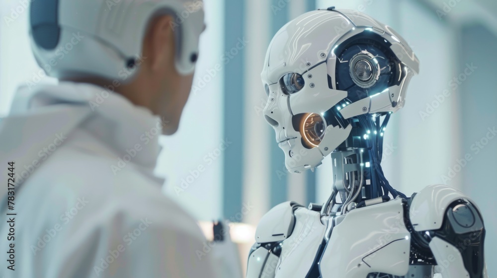 Naklejka premium Man Standing Beside Robot in Room