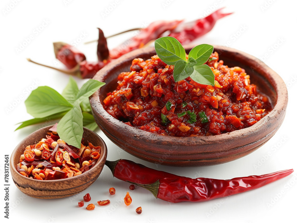 Sambal isolated on white background. It is made from chilies that have been finely ground and then cooked in a stir-fry. Sambal isolated on white background. It is made from chilies that have been finely ground and then cooked in a stir-fry.