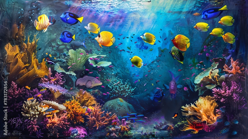 Lively and colorful underwater scene with tropical fish