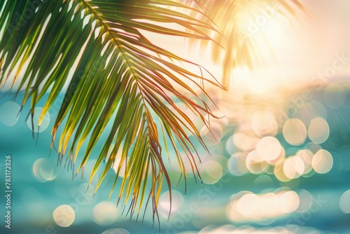 Blur beautiful nature green palm leaf on tropical beach with bokeh sun light wave abstract background. Copy space of summer vacation and business travel concept - generative ai