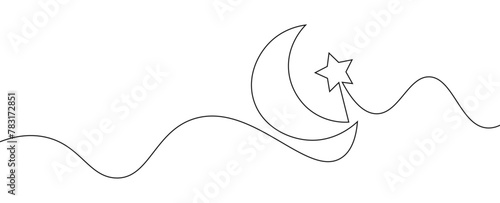 Abstract moon doodle one continuous line drawing crescent moon with star illustration vector