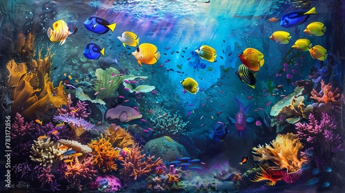 Lively and colorful underwater scene with tropical fish
