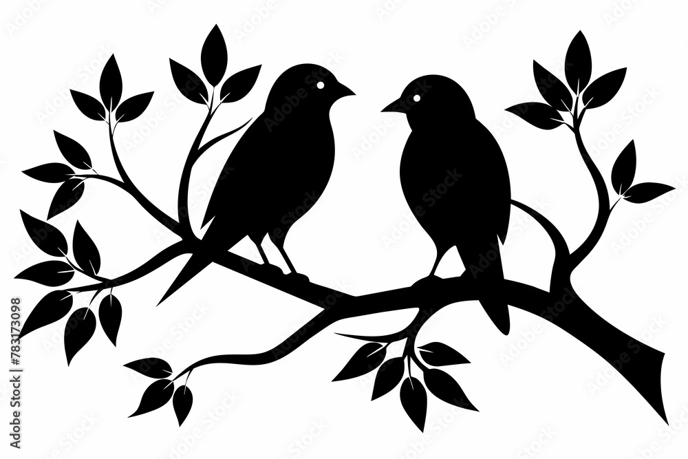 Two bird on a tree black silhouette vector white background Two bird on a tree black silhouette vector white background