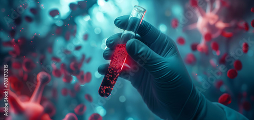 Scientist holding medical testing tubes or vials of medical pharmaceutical research with blood cells and virus cure using DNA genome sequencing biotechnology as wide banner hologram photo