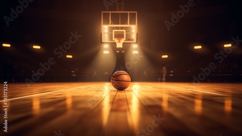 A basketball on the hardwood court. Illuminated Basketball on Indoor Court with Spotlight photo