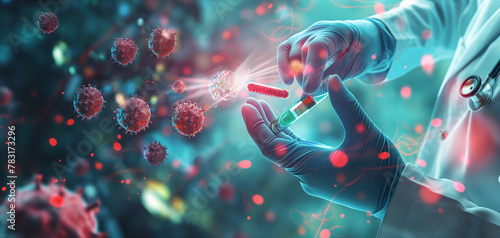 Scientist holding medical testing tubes or vials of medical pharmaceutical research with blood cells and virus cure using DNA genome sequencing biotechnology as wide banner hologram