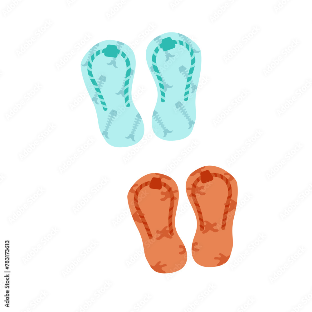 Summer beach slippers with fish and shell ornament, isolated on a white background Summer beach slippers with fish and shell ornament, isolated on a white background