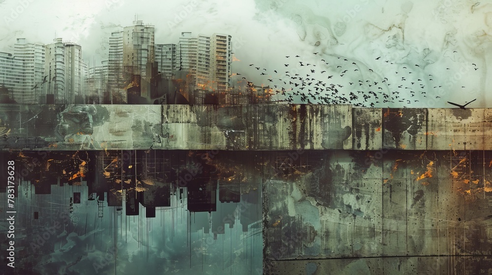 Mixed media artwork combining  and digital manipulation to evoke the spirit of neo brutalism