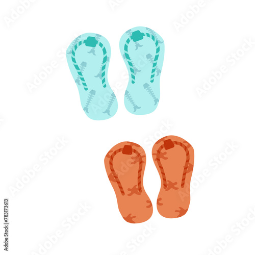 Summer beach slippers with fish and shell ornament, isolated on a white background