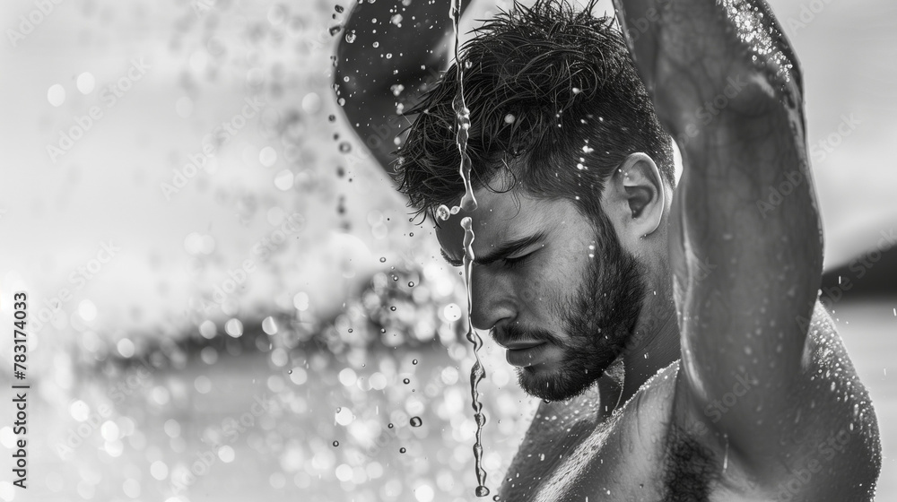Fototapeta premium Black and white photograph of handsome young muscular man standing underneath shower