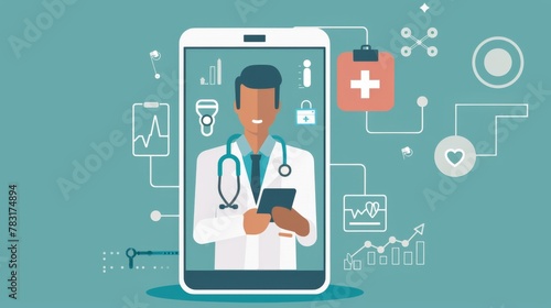 Doctor on Cell Phone Surrounded by Medical Icons photo
