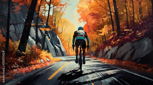 Male race cyclist driving on the autumn forest road. Cyclist riding in the autumn forest photo