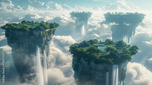 Surreal 3D landscape with floating islands and cascading waterfalls