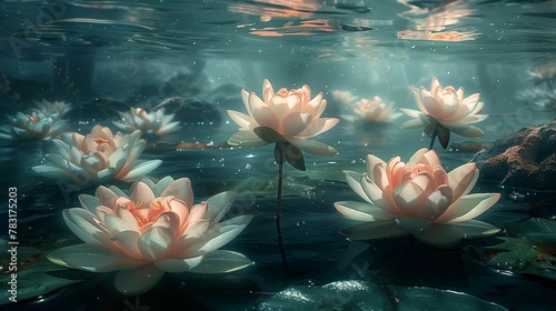 Tranquil Underwater Oasis of Floating Lotuses, generative ai