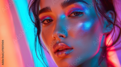 beautiful woman made up with professional neon concept in high resolution and high quality. real makeup concept