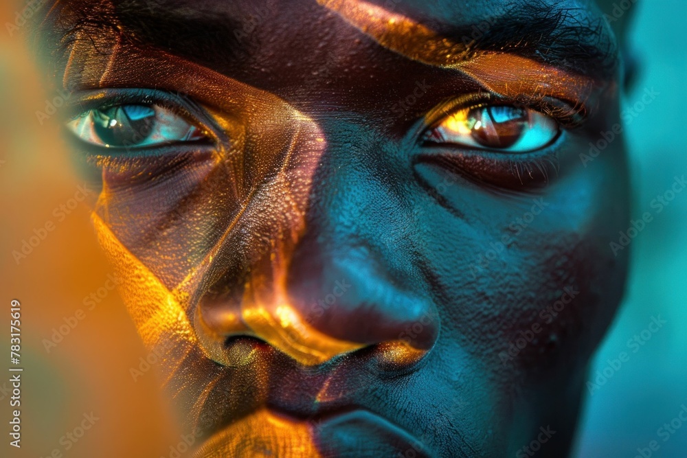 Portrait of African man with bright orange and yellow background, close up of face Portrait of African man with bright orange and yellow background, close up of face