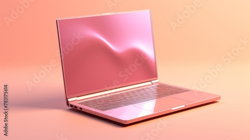 A laptop is shown on a pale pink background. Mockup of pink laptop isolated on peach background
