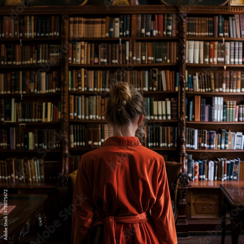 The girl is standing in front of the bookshelves