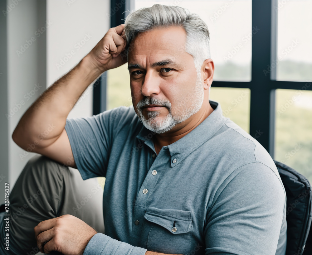 Obraz premium A man sitting on a chair with his hands on his knees, looking down.