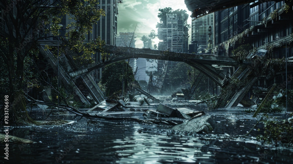 Devastated metropolis with collapsed bridges and flooded streets
