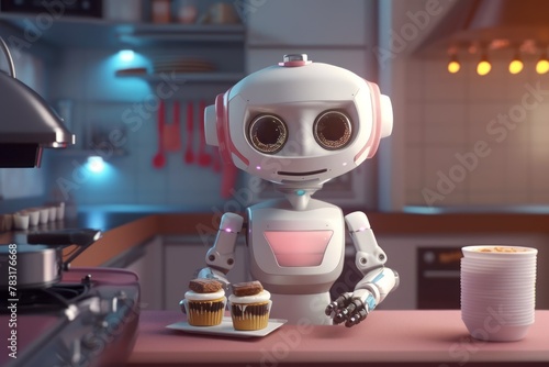 Cute little robot helping in the kitchen. Robotic assistant for the home. Robo chief character making food. Technology, artificial intelligence, smart home concept