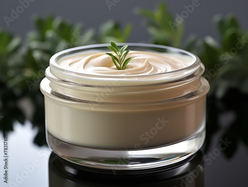 Herbal anti wrinkle cosmetic face cream in a glass jar close-up, natural skin care moisture lotion.