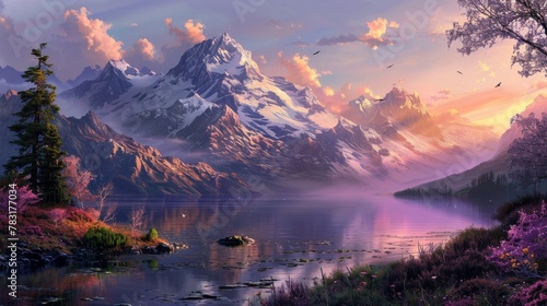 Everlasting peace depicted in a serene mountain lake at dawn © KerXing