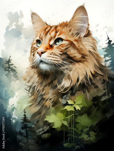 Double exposure portrait of beautiful  domestic cat and majestic forest landscape. Animal in nature. Naturall pet food concept