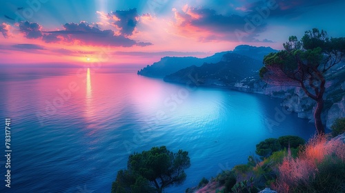 Dreamy Dusk Overlooking the Amalfi Coastline, generative ai