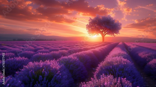 Romantic Serenity: Rows of Lavender at Dusk, generative ai photo