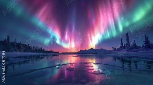 Spectacular Aurora Show above Snowy Landscape, generative ai