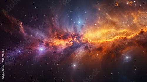 A colorful galaxy with a bright orange cloud in the middle