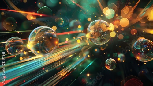 Abstract 3D composition with translucent orbs and light trails