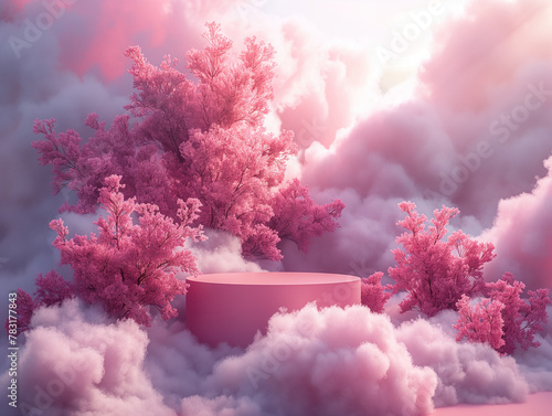 A pink cloud filled with pink trees and a pink pedestal photo