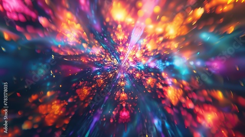 Abstract holo pattern resembling a cosmic explosion of vibrant colors and shapes