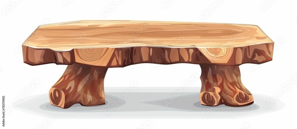 Fototapeta premium Rustic wooden bench crafted with a sturdy timber slab as its seat surface, showcasing a simple and timeless design