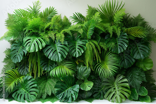 A wall covered in green plants  including ferns and palm trees