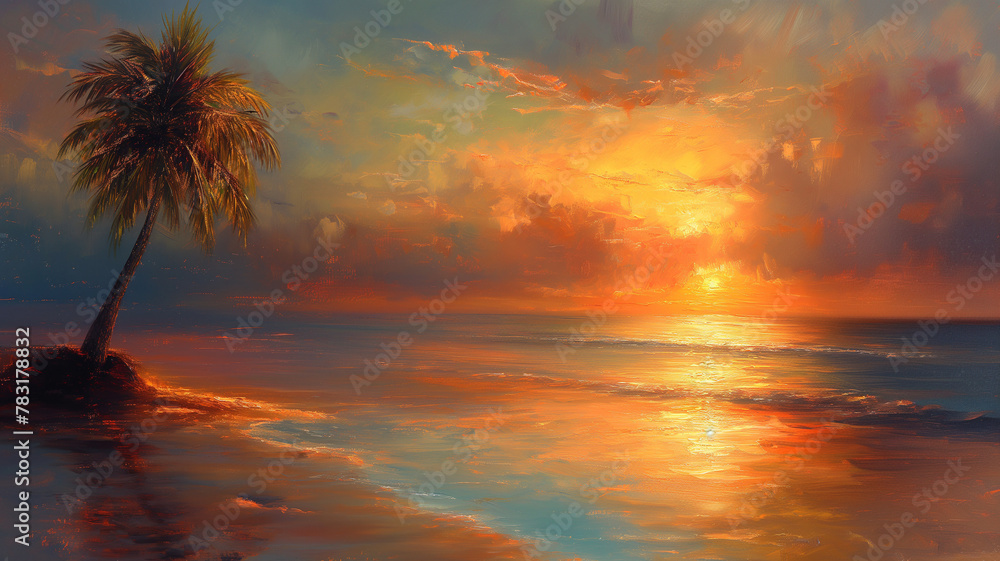 Obraz premium A painting of a beach with a palm tree and a sunset