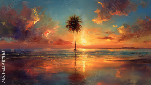 A painting of a palm tree in the ocean with a sunset in the background