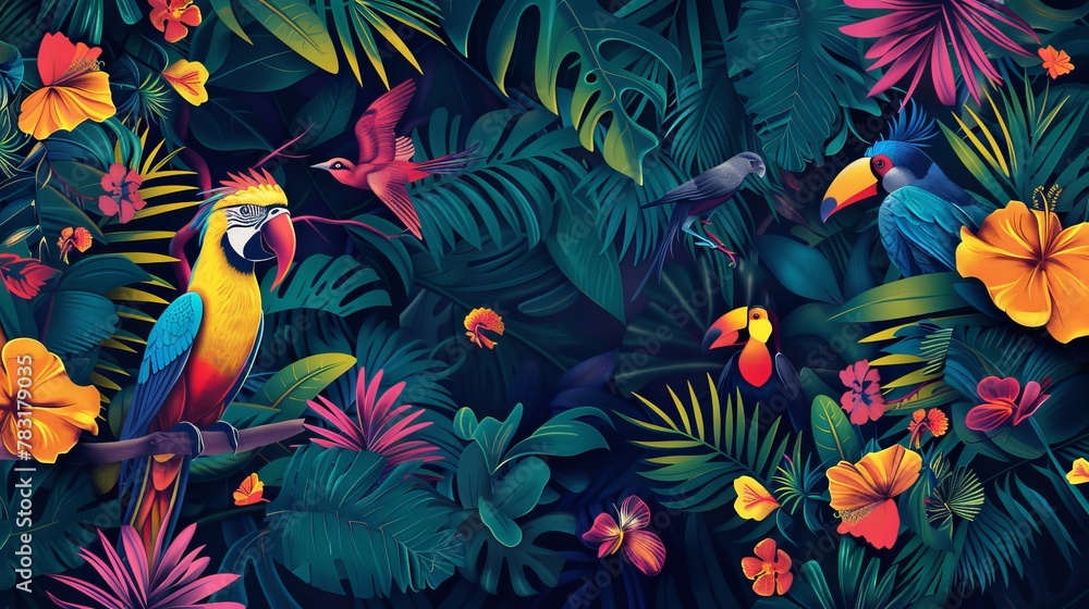 Naklejka premium Bold and vibrant tropical design with exotic birds