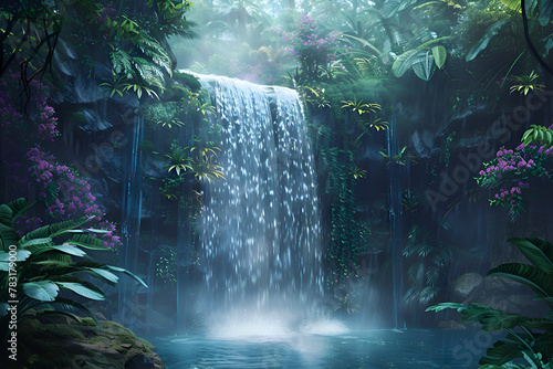 A waterfall in a lush jungle with a misty atmosphere. The water is clear and calm  and the surrounding plants are green and vibrant. Concept of tranquility and natural beauty. Generative AI