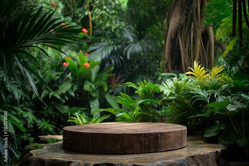 Wooden Platform in a Lush Tropical Forest: A Peaceful Natural Setting for Wellness and Meditation