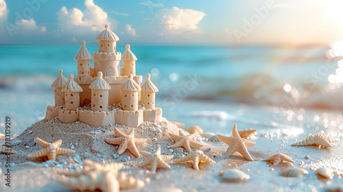 Sand castle on the beach shore at sunset. Vacation, summer and family vacation concept.