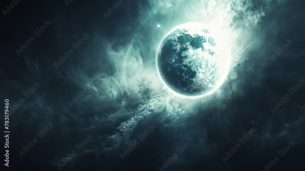 Celestial 3D glow emanating from a distant planet or moon Celestial 3D glow emanating from a distant planet or moon