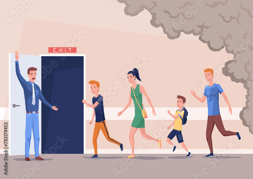 Foto Pupils evacuation from school building flat color  illustration