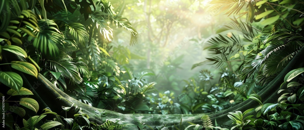 Jungle Towel, Lush and Green, Teeming with life, Rainforest canopy, Realistic, Spotlight, Depth of Field Bokeh Effect, Highangle view