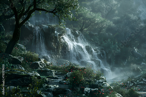 A forest with a waterfall and a stream. The water is flowing down the rocks and the trees are lush and green. Generative AI