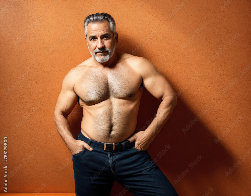 Fototapeta premium A man standing in front of a wall with his shirt off, exposing his chest.
