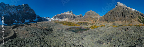 Panoramic aerial view of Wenkchemna Peak and Eiffel Lake in autumn. photo