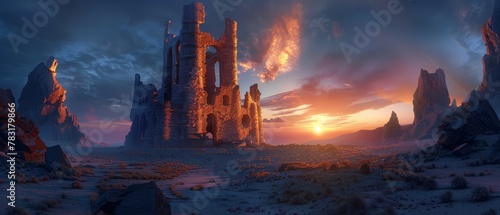 Lonely Castle, Ancient Stone, Abandoned and Forgotten, Standing tall amidst a desolate landscape, Sunset glow, 3D render, Silhouette lighting, Vignette, Mirror shot